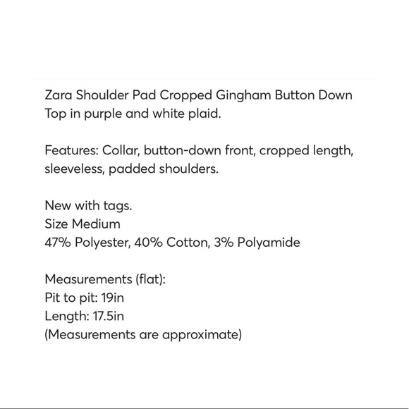 NWOT Zara Shoulder Pad Cropped Gingham Button Down Top - Picture 7 of 9